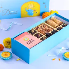 Another one of my curated Diwali hampers, this one includes a box of our Oats & Almond cookies, baklava rolls, and assorted brownies.