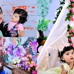 A vibrant collage showing the versatility of my studio sessions. It features different babies in various setups, from floral and teepee themes to simple, classic portraits.