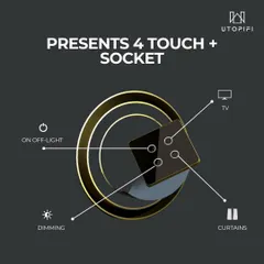 Our Lumi Touch Series panels combine elegance and functionality. This graphic details the 4-touch socket, which provides dedicated controls for turning lights on or off, dimming, managing curtains, and controlling your TV from a single, stylish wall unit.