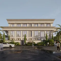A full frontal view of a neoclassical residence, showcasing its monumental proportions and symmetrical rhythm. The fusion of classical detailing with modern sensibilities creates a home that speaks of presence and prestige.