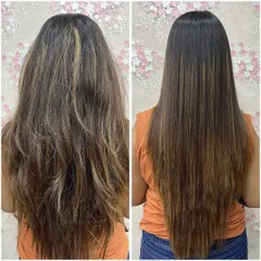 See the power of a Nanoplastia treatment in this before and after shot. I repaired the damage and frizz, leaving the hair incredibly smooth, straight, and healthy-looking.