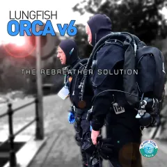 Two divers equipped with the Lungfish ORCA v6 Rebreather system, ready for a silent, long-duration dive. The ergonomic design and adjustable harness provide unparalleled freedom of movement and a customized fit for every diver.