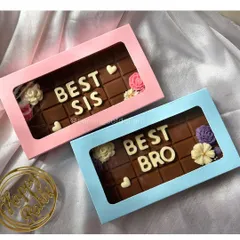 Sweeten your bond with these custom chocolate bars. This set for 'Best Sis' and 'Best Bro' comes in beautiful pink and blue boxes, perfect for Rakhi.