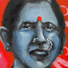 A close up of "Sickle," the first piece from my "Violent Women" series. This acrylic on canvas work explores the power and rage of women, particularly those whose labor builds our world. The blue skin and bold colors are intentional choices to convey strength and challenge conventions.