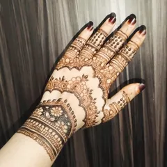 A lovely back-of-hand design featuring a scalloped border and intricate floral details. The pattern on the fingers complements the main design beautifully, creating a complete and polished look.
