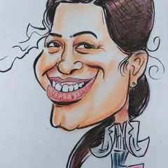 Exaggerated? Yes. Accurate? Even more. This colorful caricature celebrates the subject's fantastic smile with bold lines and bright, cheerful watercolors.