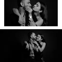 A playful and intimate diptych in black and white. These studio portraits capture the couple's fun-loving chemistry and close connection.