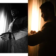 A diptych showing the groom adjusting his watch, a classic getting-ready shot. The mix of black and white with silhouette adds an artistic touch.