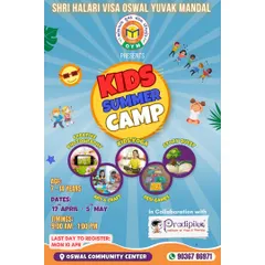 Your guide to our upcoming summer camp in collaboration with Shri Halari Visa Oswal Yuvak Mandal. This flyer outlines the dates, age group, timings, and a snapshot of the exciting activities planned.