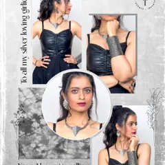 For all my silver-loving girlies. This graphic showcases a bold silver jewelry set, including a statement necklace, cuff, and earrings, paired with a simple black outfit to make the accessories the hero.