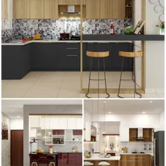A collage showcasing various kitchen styles I can create, from two-tone designs with breakfast bars to bold red and white modular setups.