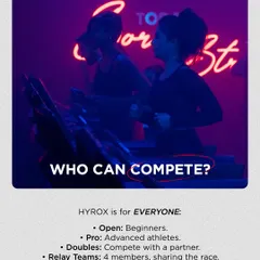 HYROX is for everyone. With categories for Open (beginners), Pro (advanced athletes), Doubles (partners), and Relay Teams, there's a way for anyone to compete and challenge themselves.