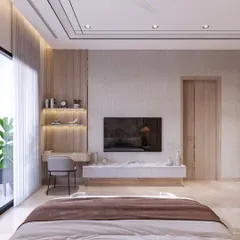This bedroom concept is designed for calm and comfort. Warm wood veneer paneling, a soft wallpaper accent, and furniture with gentle curves create a space that feels bright, open, and serene.