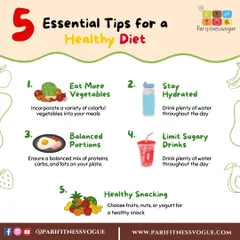 5 essential tips for a healthy diet, including eating more vegetables, staying hydrated, and choosing healthy snacks.