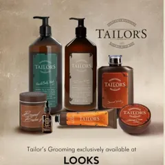 The full range of Tailor's Grooming products, exclusively available at our salon. This collection covers all men's grooming needs, from beard care to hair styling.