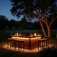 This intimate, illuminated bar setup is perfect for smaller outdoor gatherings or backyard parties. It provides a focused and stylish space for serving drinks under the stars.