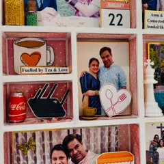 "Fuelled by Tea & Love." A close-up of the frame showing their love for chai and a miniature router, representing an inside joke and a symbol of their strong connection.