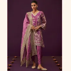The Sunee Organza Grape Kurta Set is a sale must-have. This rich purple outfit with detailed embroidery is perfect for an evening celebration, and it's available now for a limited time.
