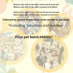 Here are the details for our 2023 summer camp. This flyer outlines the different batch timings, pricing, and the important note that children in this age group need to be accompanied by an adult, making it a great parent-child bonding experience.