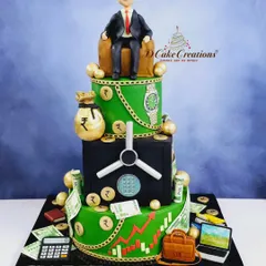 Another view of the corporate-themed birthday cake, showing the personalized "Happy Birthday S.V. Sir" message and the detailed edible accessories like a calculator and laptop.