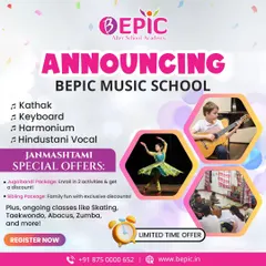 We are excited to announce the BEPIC Music School, offering classes in Kathak, Keyboard, Harmonium, and Hindustani Vocals. Take advantage of our special 'Jugalbandi' and sibling packages to explore multiple activities.
