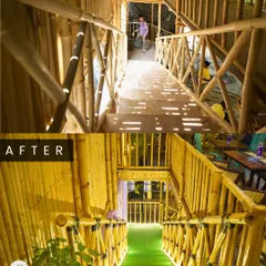 The transformation of the staircase at Silbatti. I replaced a basic, unfinished stairway with a beautifully crafted bamboo staircase, complete with integrated lighting for a dramatic and welcoming entrance.