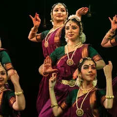 A beautiful shot of our senior students performing at Nrithya Milana. Their grace and synchronization are the result of years of dedicated practice.