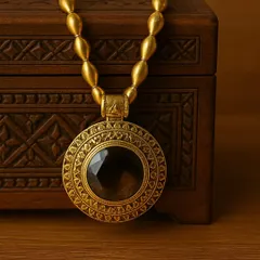 A premium gold-plated pure silver necklace. This piece features a bold, circular pendant with a large, faceted smoky quartz stone, set in an intricately detailed frame and hung on a chain of gold beads.