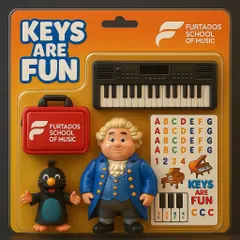 A playful, toy-inspired look at our "Keys Are Fun" starter kit. It includes everything a child needs to begin their musical journey at home: a mini keyboard, fun characters, and learning aids that turn practice into play.