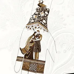 A sweet couple portrait created for a Karwa Chauth celebration. The design is framed by a peacock and hanging kalire, blending festive and romantic elements.