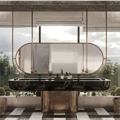 When you're bored of seeing a dead wall in the bathroom, there's always another way. We mounted this black marble vanity in front of a large window, creating an interesting design that feels open and connected to the outdoors.