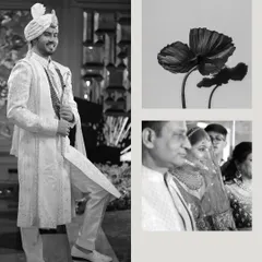 An artistic black and white collage featuring the groom in his elegant sherwani. The composition includes a full-length portrait and a candid shot of the wedding ceremony.