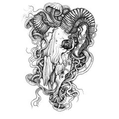 A finished design of a ram's skull overgrown with mushrooms and tangled roots. This piece blends animal anatomy with the surreal, organic patterns I love to draw.