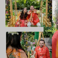 A fun collage from a tennis-themed pre-wedding shoot. The couple is seen laughing and playing on a beautifully decorated swing, combining their hobby with a celebratory feel.