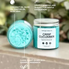 Our Crisp Cucumber body polish is made with coconut oil, olive oil, and aloe vera. The sugar is lightly whipped for gentle exfoliation, and the entire product is clean, plant-based, and handmade.
