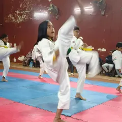 Action shot from our kids' Taekwondo class. Students practice their front kicks in unison, learning coordination and power while wearing their traditional white doboks.