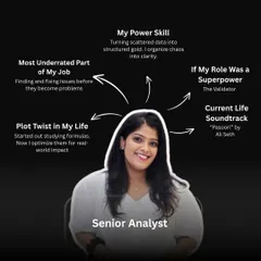 This graphic highlights Apoorva's "power skill" of turning scattered data into structured gold. Her role as "The Validator" ensures that we find and fix issues before they become problems, bringing clarity from chaos.