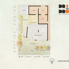 The spatial zoning plan for the DRIP & DROP project. This architectural drawing shows the clear division between public, semi-private, and private areas, which was key to designing a space that is both open and functional.