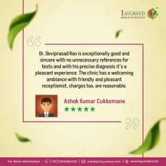 Ashok Kumar Cukkemane highlights our commitment to sincere and precise diagnosis without unnecessary tests. We pride ourselves on creating a welcoming clinical environment with reasonable charges for authentic Ayurvedic care.