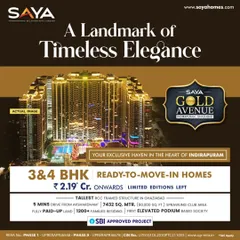 This is an actual image of Saya Gold Avenue, a landmark of timeless elegance in the heart of Indirapuram. We built this as an exclusive haven, offering ready-to-move-in 3 and 4 BHK homes for a discerning clientele.