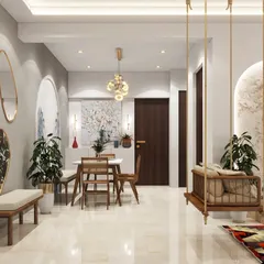 We designed this living and dining area with a blend of modern and traditional Indian elements. The space features a classic wooden swing, a comfortable sofa, and a dining area with an arched mural, creating a warm and eclectic vibe.