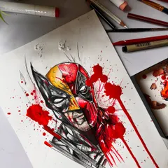 A close-up of the Deadpool and Wolverine artwork. This view highlights the details in the masks and the blend of yellow and red, achieved with Prismacolor pencils.