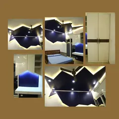 This collage showcases a kid's bedroom we designed with a dramatic, mountain-shaped feature wall and ceiling. The integrated lighting and custom study nook make it both magical and practical.