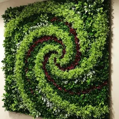 A creative and artistic vertical garden where different colored plants are arranged in a dynamic spiral pattern. This custom design serves as a unique piece of wall art for any modern interior.