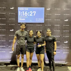 The moment after crossing the finish line with my Hyrox mixed relay team. The clock shows our hard work paid off. We train to compete, and we compete to win.