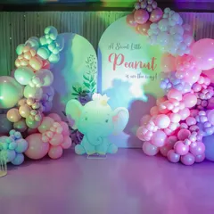"A Sweet Little Peanut is on the way!" This adorable elephant-themed baby shower decor features soft pastel balloon garlands and a cute elephant cutout, creating a gentle and loving atmosphere.