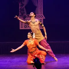 A duet from "UNMASKED," showcasing the blend of classical Bharatanatyam and contemporary movement that defines the production. The body art and costumes are designed to evoke the epic's mythological characters.