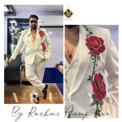 For director Tharun Sudhir's appearance on the 'Mahanati' TV show, we went with a 'Love & Romance' theme. I designed this custom white three-piece suit and then we hand-painted red roses directly onto the fabric, creating a truly one-of-a-kind piece of wearable art.