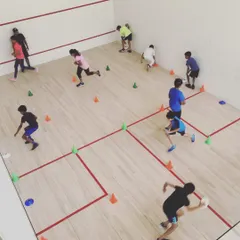 This overhead view shows the structured layout of one of our complex agility drills. We use the entire court to create challenging patterns that improve players' speed and court awareness.