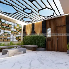 This modern terrace design features a striking geometric metal pergola that creates a unique play of light and shadow. A large vertical garden wall serves as a living art piece, complemented by sleek, built-in concrete seating and lush hedge planters.